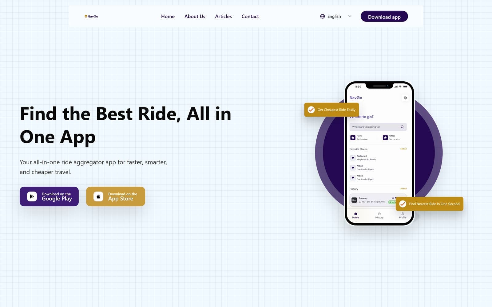 NavGo marketing homepage showing the ride-comparison app interface